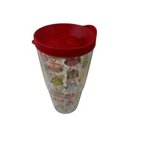 Tervis 24 oz travel cup with red lid owls